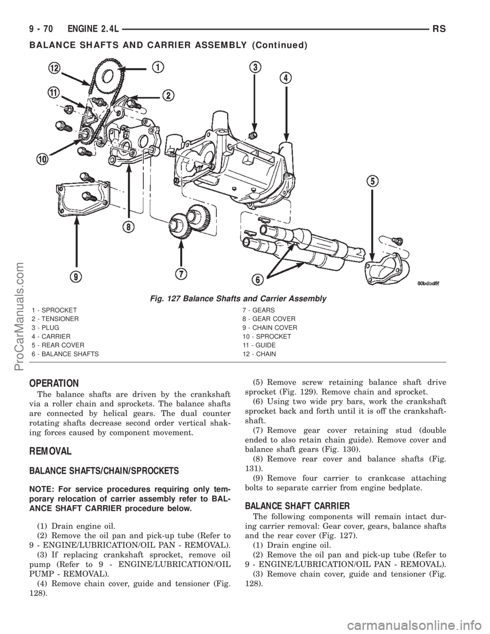 DODGE TOWN AND COUNTRY 2002  Service Manual OPERATION
The balance shafts are driven by the crankshaft
via a roller chain and sprockets. The balance shafts
are connected by helical gears. The dual counter
rotating shafts decrease second order ve