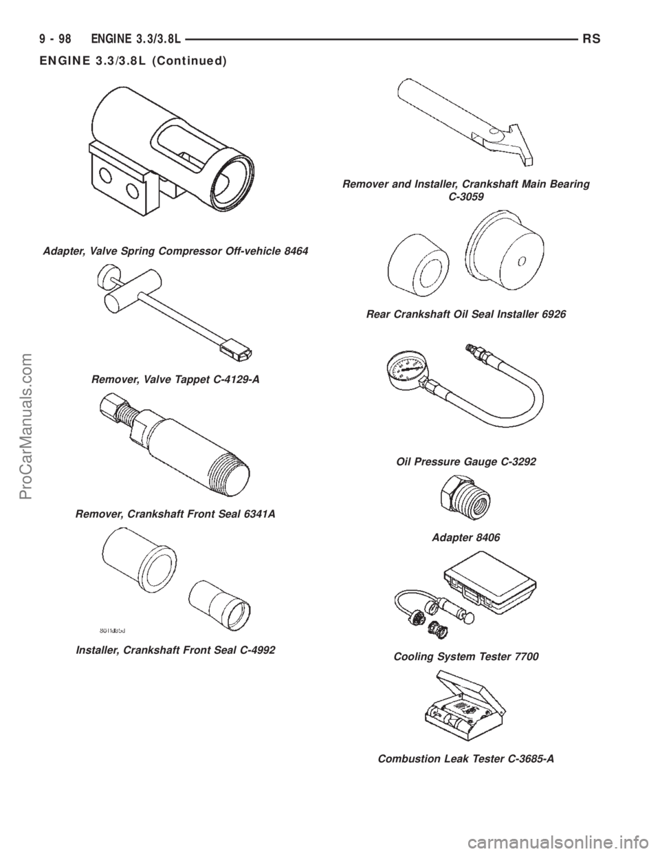 DODGE TOWN AND COUNTRY 2002  Service Manual Adapter, Valve Spring Compressor Off-vehicle 8464
Remover, Valve Tappet C-4129-A
Remover, Crankshaft Front Seal 6341A
Installer, Crankshaft Front Seal C-4992
Remover and Installer, Crankshaft Main Bea