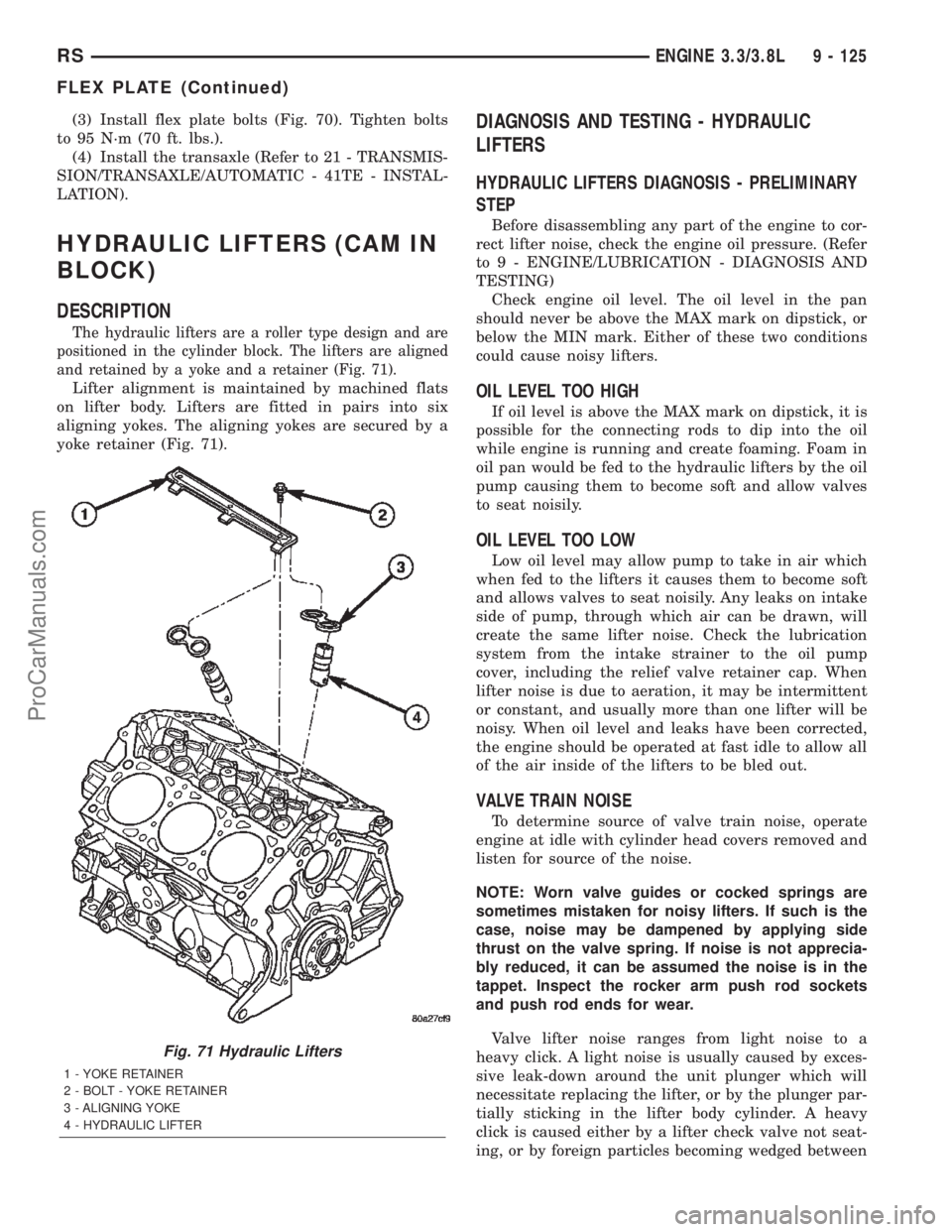 DODGE TOWN AND COUNTRY 2002  Service Manual (3) Install flex plate bolts (Fig. 70). Tighten bolts
to 95 N´m (70 ft. lbs.).
(4) Install the transaxle (Refer to 21 - TRANSMIS-
SION/TRANSAXLE/AUTOMATIC - 41TE - INSTAL-
LATION).
HYDRAULIC LIFTERS 