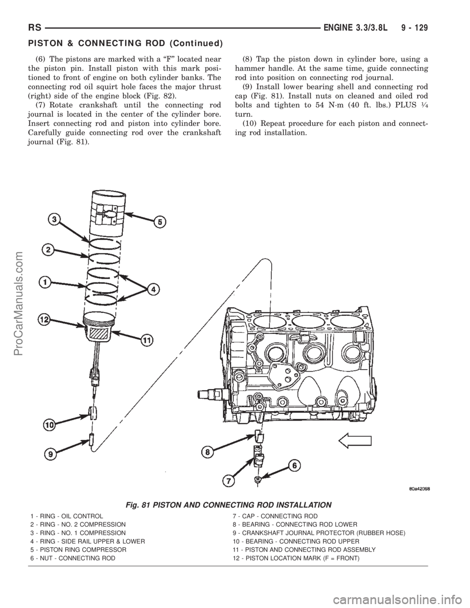 DODGE TOWN AND COUNTRY 2002  Service Manual (6) The pistons are marked with a ªFº located near
the piston pin. Install piston with this mark posi-
tioned to front of engine on both cylinder banks. The
connecting rod oil squirt hole faces the 