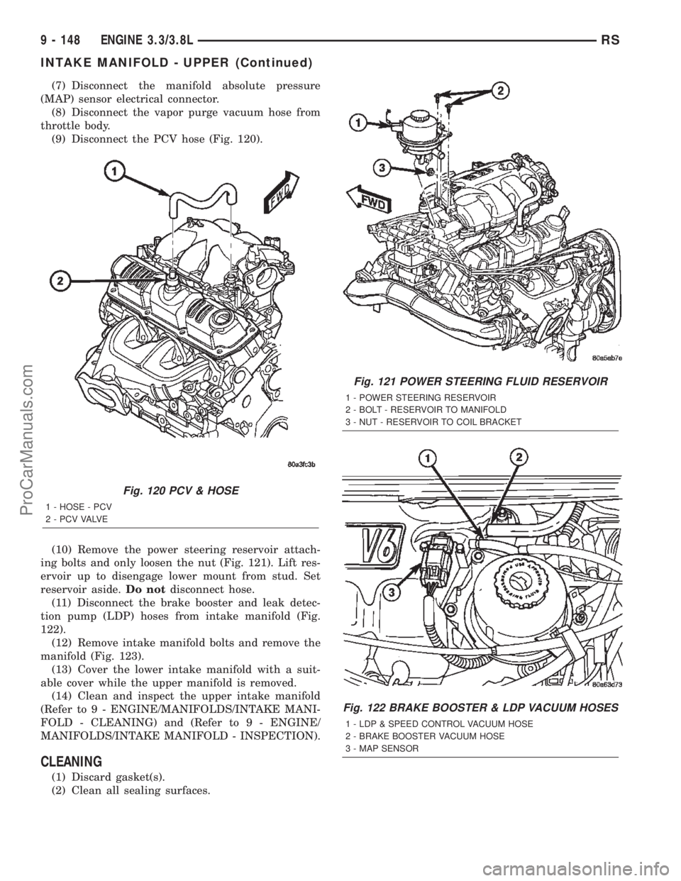 DODGE TOWN AND COUNTRY 2002  Service Manual (7) Disconnect the manifold absolute pressure
(MAP) sensor electrical connector.
(8) Disconnect the vapor purge vacuum hose from
throttle body.
(9) Disconnect the PCV hose (Fig. 120).
(10) Remove the 