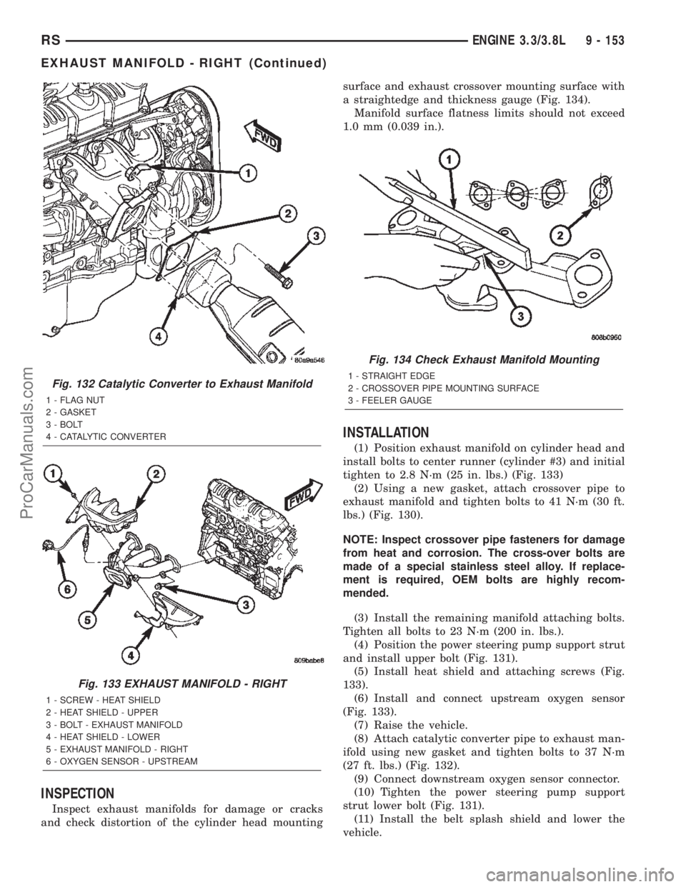 DODGE TOWN AND COUNTRY 2002  Service Manual INSPECTION
Inspect exhaust manifolds for damage or cracks
and check distortion of the cylinder head mountingsurface and exhaust crossover mounting surface with
a straightedge and thickness gauge (Fig.