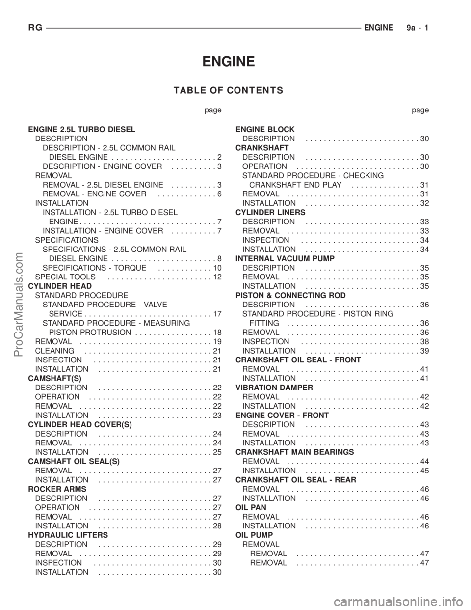 DODGE TOWN AND COUNTRY 2002  Service Manual ENGINE
TABLE OF CONTENTS
page page
ENGINE 2.5L TURBO DIESEL
DESCRIPTION
DESCRIPTION - 2.5L COMMON RAIL
DIESEL ENGINE.......................2
DESCRIPTION - ENGINE COVER..........3
REMOVAL
REMOVAL - 2.5