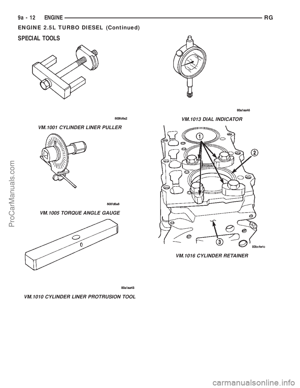DODGE TOWN AND COUNTRY 2002  Service Manual SPECIAL TOOLS
VM.1001 CYLINDER LINER PULLER
VM.1005 TORQUE ANGLE GAUGE
VM.1010 CYLINDER LINER PROTRUSION TOOL
VM.1013 DIAL INDICATOR
VM.1016 CYLINDER RETAINER
9a - 12 ENGINERG
ENGINE 2.5L TURBO DIESEL