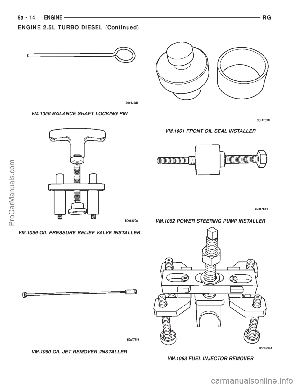 DODGE TOWN AND COUNTRY 2002  Service Manual VM.1056 BALANCE SHAFT LOCKING PIN
VM.1059 OIL PRESSURE RELIEF VALVE INSTALLER
VM.1060 OIL JET REMOVER /INSTALLER
VM.1061 FRONT OIL SEAL INSTALLER
VM.1062 POWER STEERING PUMP INSTALLER
VM.1063 FUEL INJ
