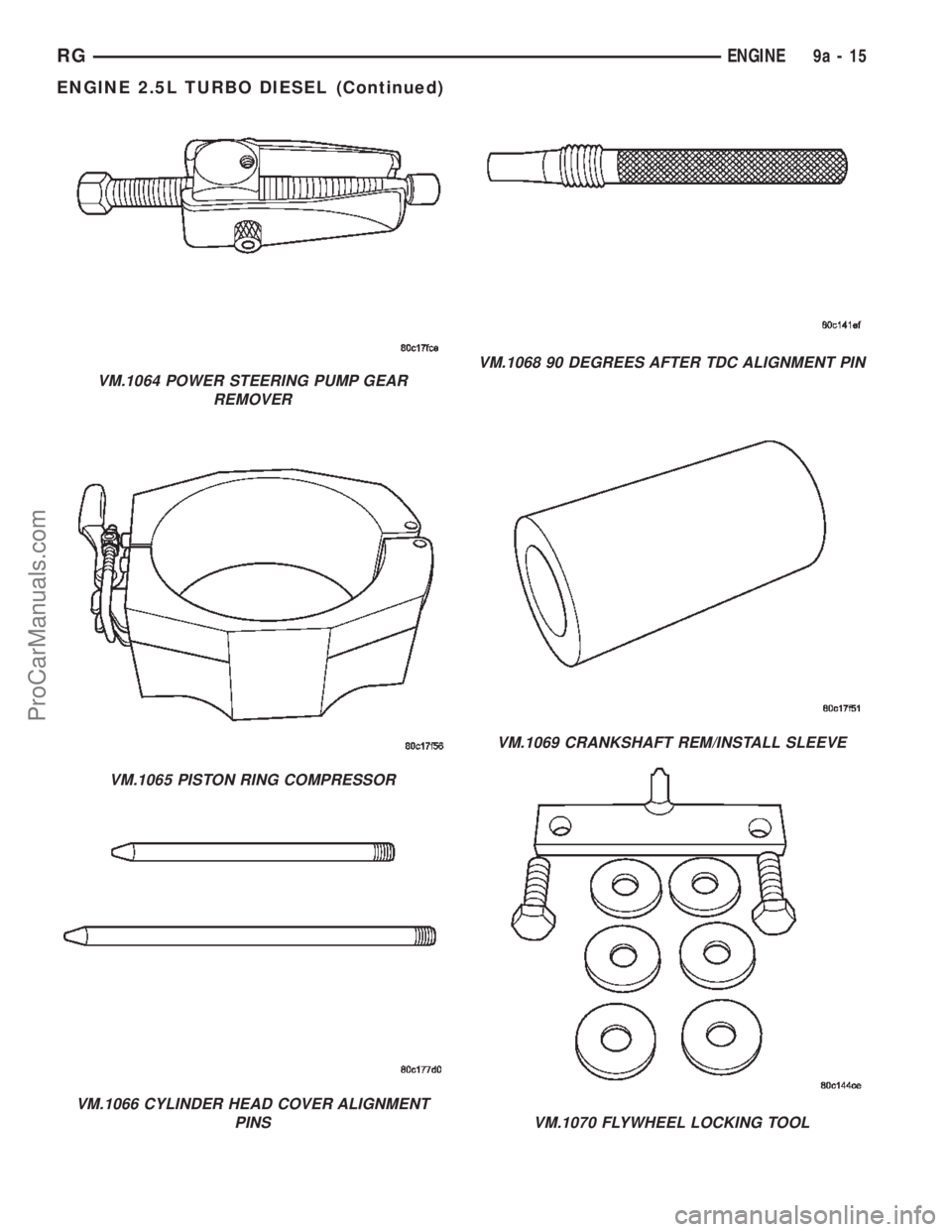 DODGE TOWN AND COUNTRY 2002  Service Manual VM.1064 POWER STEERING PUMP GEAR
REMOVER
VM.1065 PISTON RING COMPRESSOR
VM.1066 CYLINDER HEAD COVER ALIGNMENT
PINS
VM.1068 90 DEGREES AFTER TDC ALIGNMENT PIN
VM.1069 CRANKSHAFT REM/INSTALL SLEEVE
VM.1