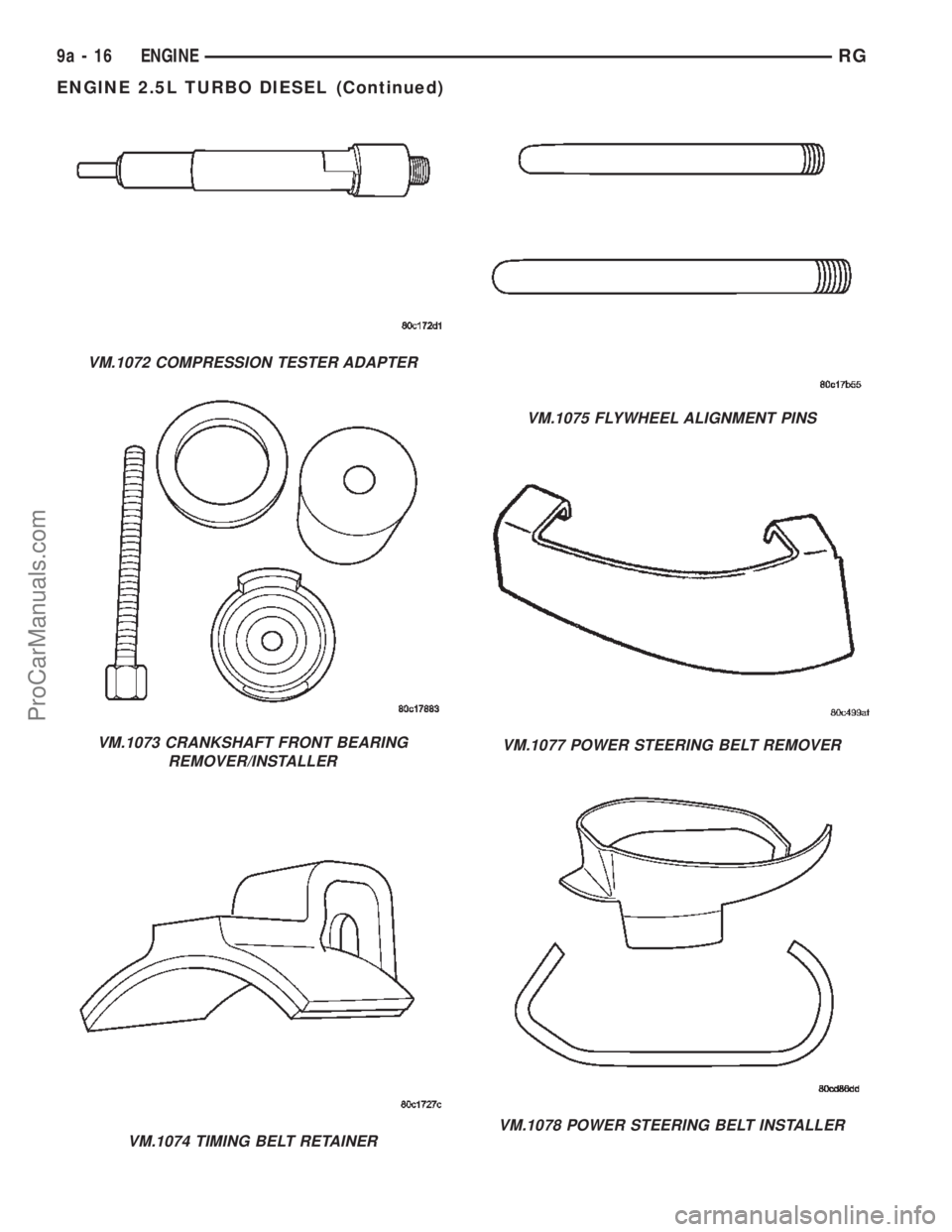DODGE TOWN AND COUNTRY 2002  Service Manual VM.1072 COMPRESSION TESTER ADAPTER
VM.1073 CRANKSHAFT FRONT BEARING
REMOVER/INSTALLER
VM.1074 TIMING BELT RETAINER
VM.1075 FLYWHEEL ALIGNMENT PINS
VM.1077 POWER STEERING BELT REMOVER
VM.1078 POWER STE