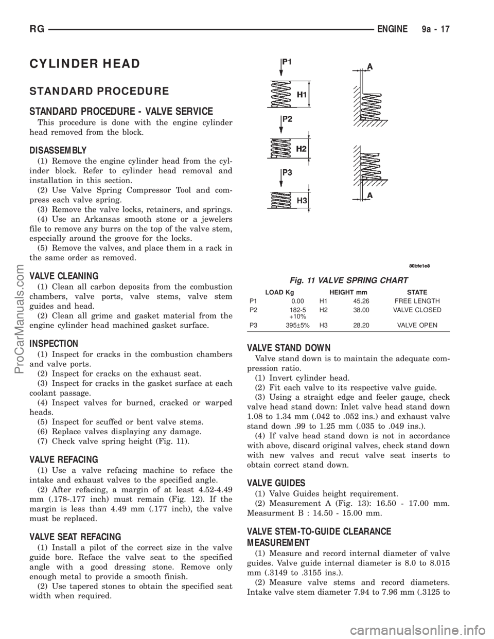 DODGE TOWN AND COUNTRY 2002  Service Manual CYLINDER HEAD
STANDARD PROCEDURE
STANDARD PROCEDURE - VALVE SERVICE
This procedure is done with the engine cylinder
head removed from the block.
DISASSEMBLY
(1) Remove the engine cylinder head from th