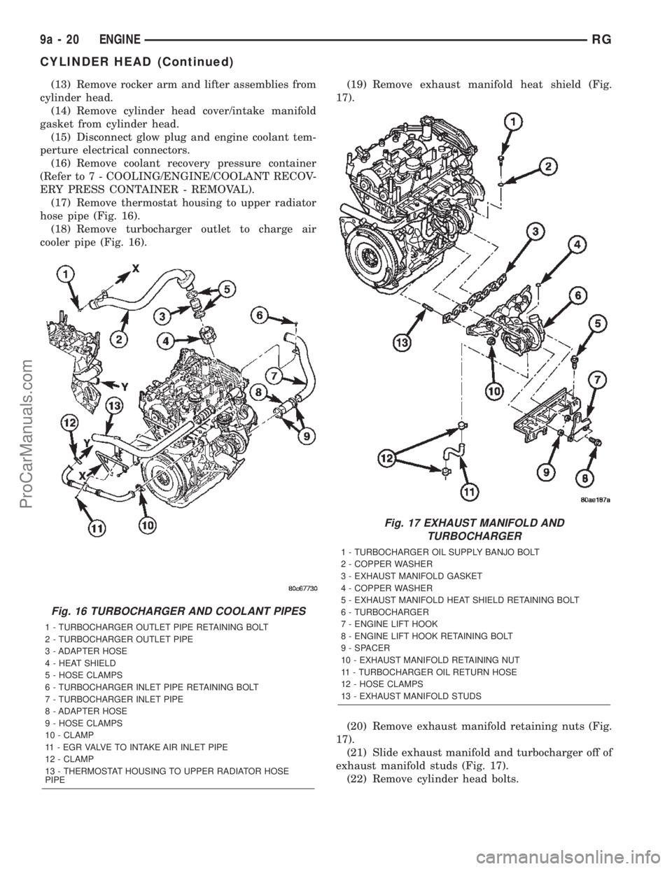 DODGE TOWN AND COUNTRY 2002  Service Manual (13) Remove rocker arm and lifter assemblies from
cylinder head.
(14) Remove cylinder head cover/intake manifold
gasket from cylinder head.
(15) Disconnect glow plug and engine coolant tem-
perture el