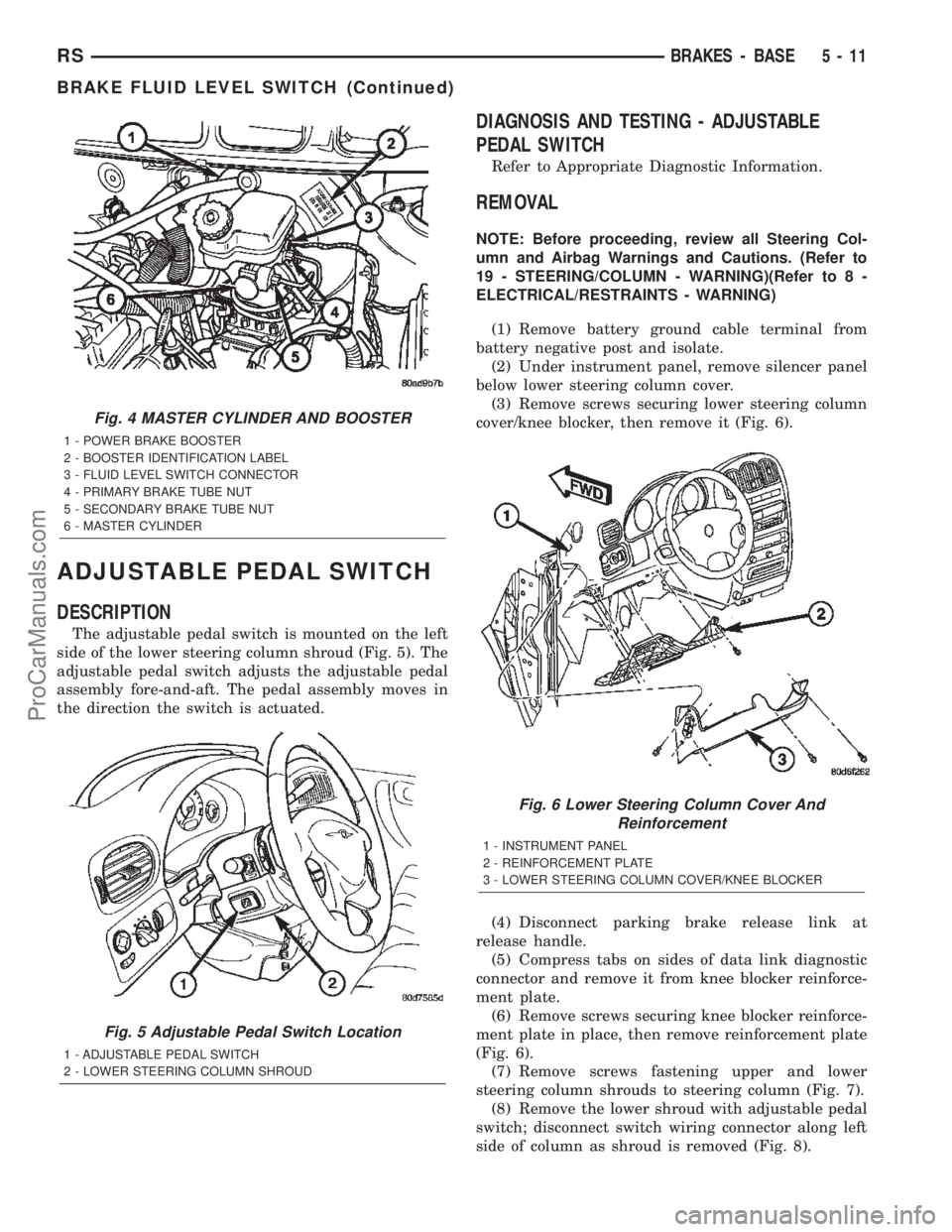 DODGE TOWN AND COUNTRY 2002  Service Manual ADJUSTABLE PEDAL SWITCH
DESCRIPTION
The adjustable pedal switch is mounted on the left
side of the lower steering column shroud (Fig. 5). The
adjustable pedal switch adjusts the adjustable pedal
assem