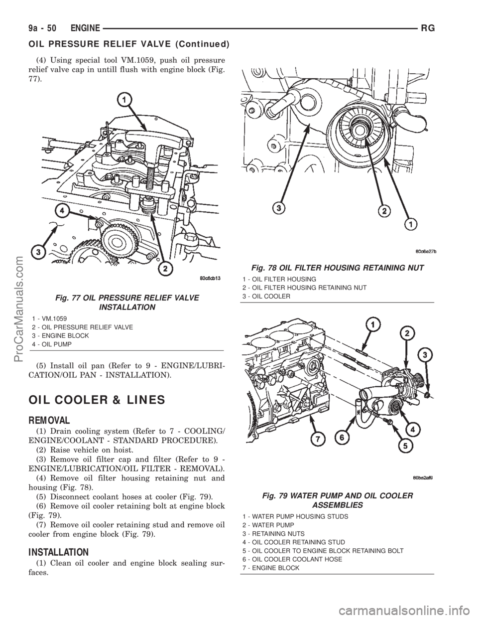 DODGE TOWN AND COUNTRY 2002  Service Manual (4) Using special tool VM.1059, push oil pressure
relief valve cap in untill flush with engine block (Fig.
77).
(5) Install oil pan (Refer to 9 - ENGINE/LUBRI-
CATION/OIL PAN - INSTALLATION).
OIL COOL
