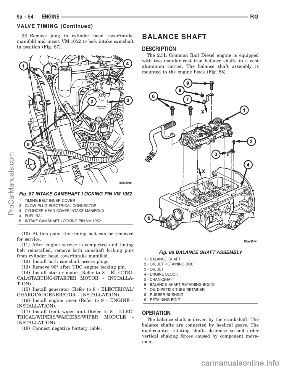 DODGE TOWN AND COUNTRY 2002  Service Manual (9) Remove plug in cylinder head cover/intake
manifold and insert VM.1052 to lock intake camshaft
in position (Fig. 87).
(10) At this point the timing belt can be removed
for service.
(11) After engin