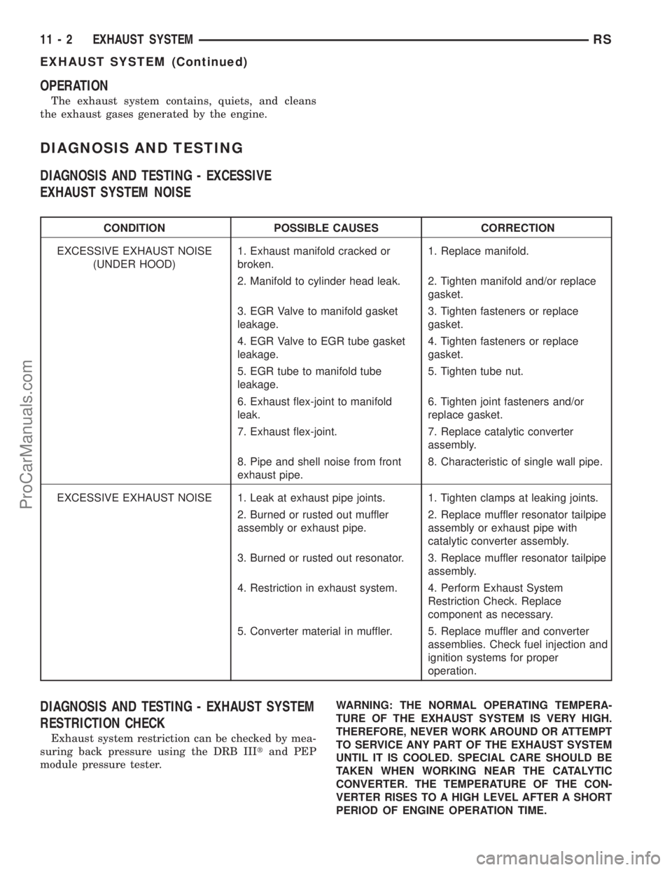 DODGE TOWN AND COUNTRY 2002  Service Manual OPERATION
The exhaust system contains, quiets, and cleans
the exhaust gases generated by the engine.
DIAGNOSIS AND TESTING
DIAGNOSIS AND TESTING - EXCESSIVE
EXHAUST SYSTEM NOISE
CONDITION POSSIBLE CAU
