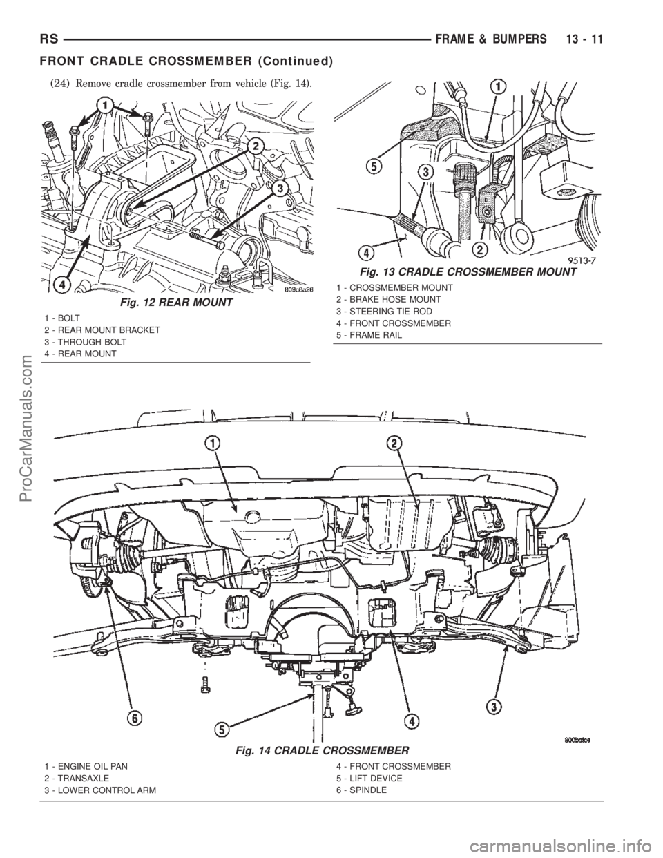 DODGE TOWN AND COUNTRY 2002  Service Manual (24)Remove cradle crossmember from vehicle (Fig. 14).
Fig. 12 REAR MOUNT
1 - BOLT
2 - REAR MOUNT BRACKET
3 - THROUGH BOLT
4 - REAR MOUNT
Fig. 13 CRADLE CROSSMEMBER MOUNT
1 - CROSSMEMBER MOUNT
2 - BRAK