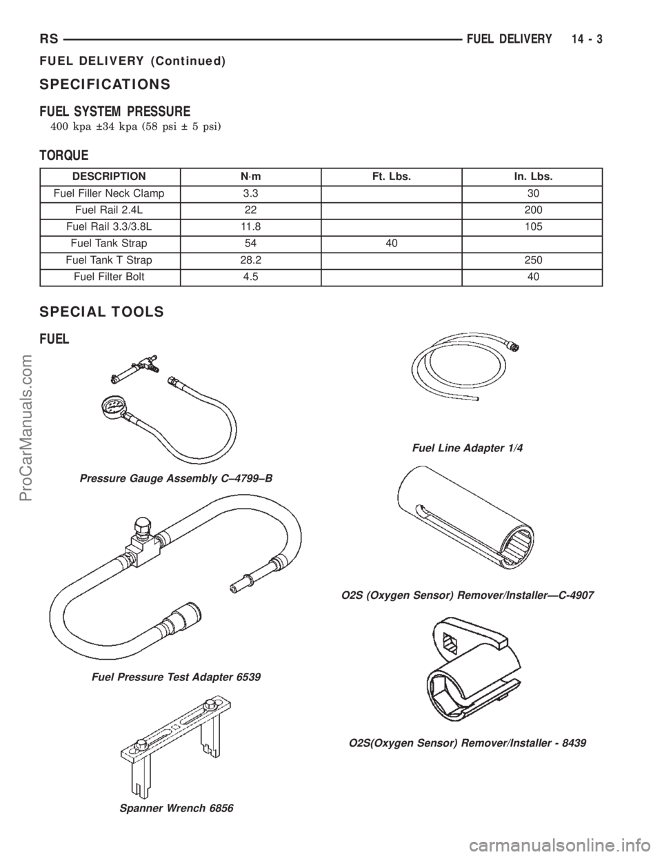 DODGE TOWN AND COUNTRY 2002  Service Manual SPECIFICATIONS
FUEL SYSTEM PRESSURE
400 kpa  34 kpa (58 psi   5 psi)
TORQUE
DESCRIPTION N´m Ft. Lbs. In. Lbs.
Fuel Filler Neck Clamp 3.3 30
Fuel Rail 2.4L 22 200
Fuel Rail 3.3/3.8L 11.8 105
Fuel Ta