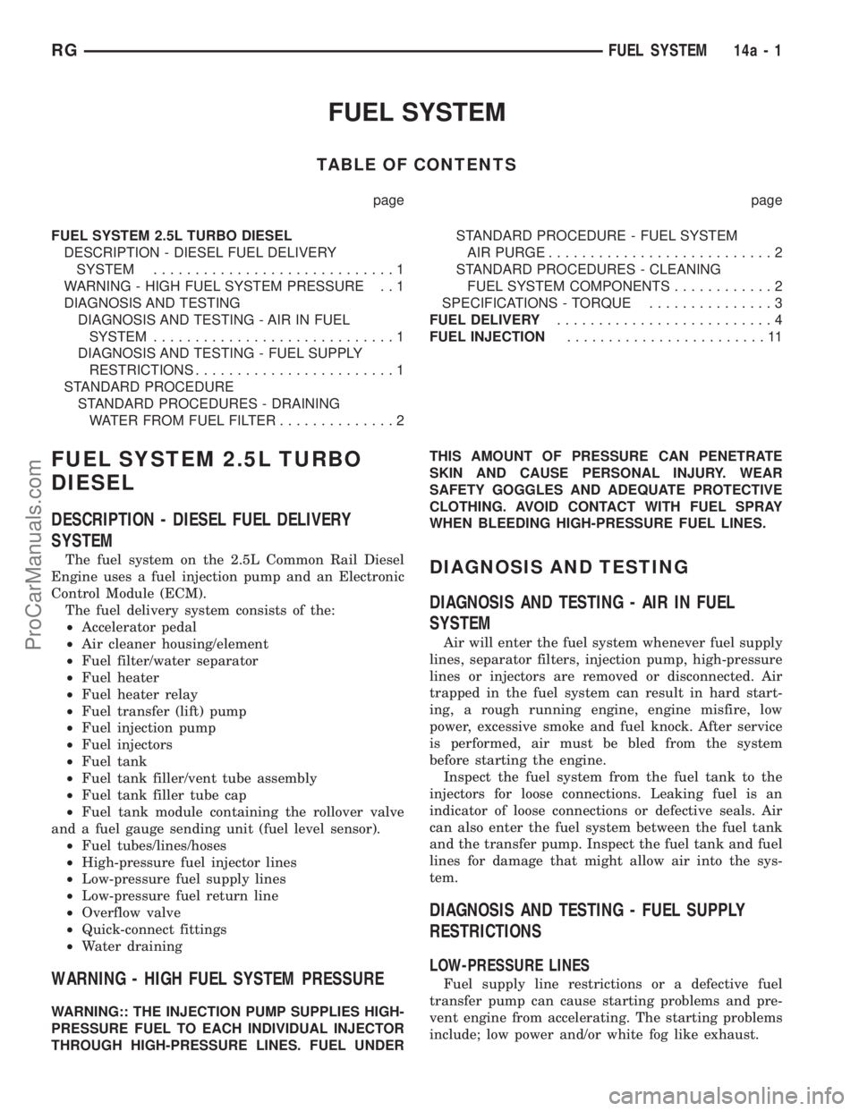 DODGE TOWN AND COUNTRY 2002  Service Manual FUEL SYSTEM
TABLE OF CONTENTS
page page
FUEL SYSTEM 2.5L TURBO DIESEL
DESCRIPTION - DIESEL FUEL DELIVERY
SYSTEM.............................1
WARNING - HIGH FUEL SYSTEM PRESSURE . . 1
DIAGNOSIS AND TE