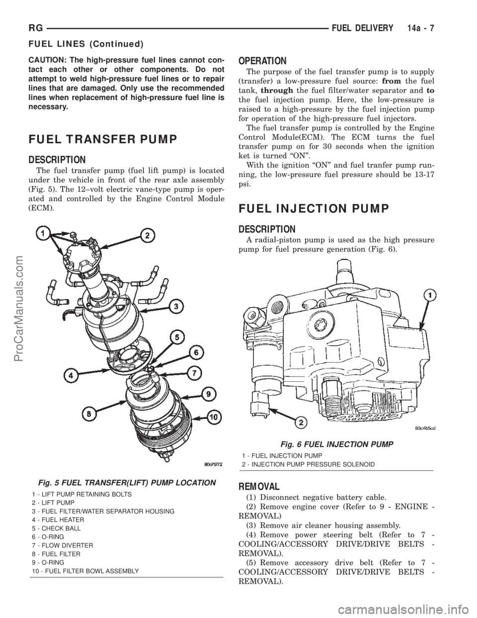 DODGE TOWN AND COUNTRY 2002  Service Manual CAUTION: The high-pressure fuel lines cannot con-
tact each other or other components. Do not
attempt to weld high-pressure fuel lines or to repair
lines that are damaged. Only use the recommended
lin
