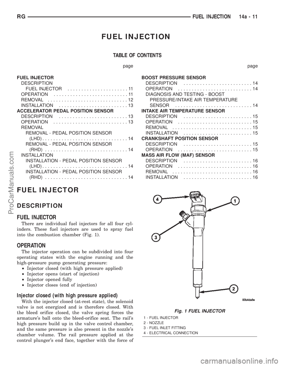 DODGE TOWN AND COUNTRY 2002  Service Manual FUEL INJECTION
TABLE OF CONTENTS
page page
FUEL INJECTOR
DESCRIPTION
FUEL INJECTOR......................11
OPERATION...........................11
REMOVAL.............................12
INSTALLATION...