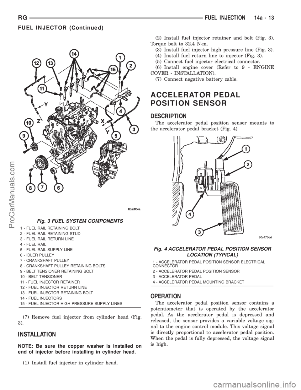 DODGE TOWN AND COUNTRY 2002  Service Manual (7) Remove fuel injector from cylinder head (Fig.
3).
INSTALLATION
NOTE: Be sure the copper washer is installed on
end of injector before installing in cylinder head.
(1) Install fuel injector in cyli