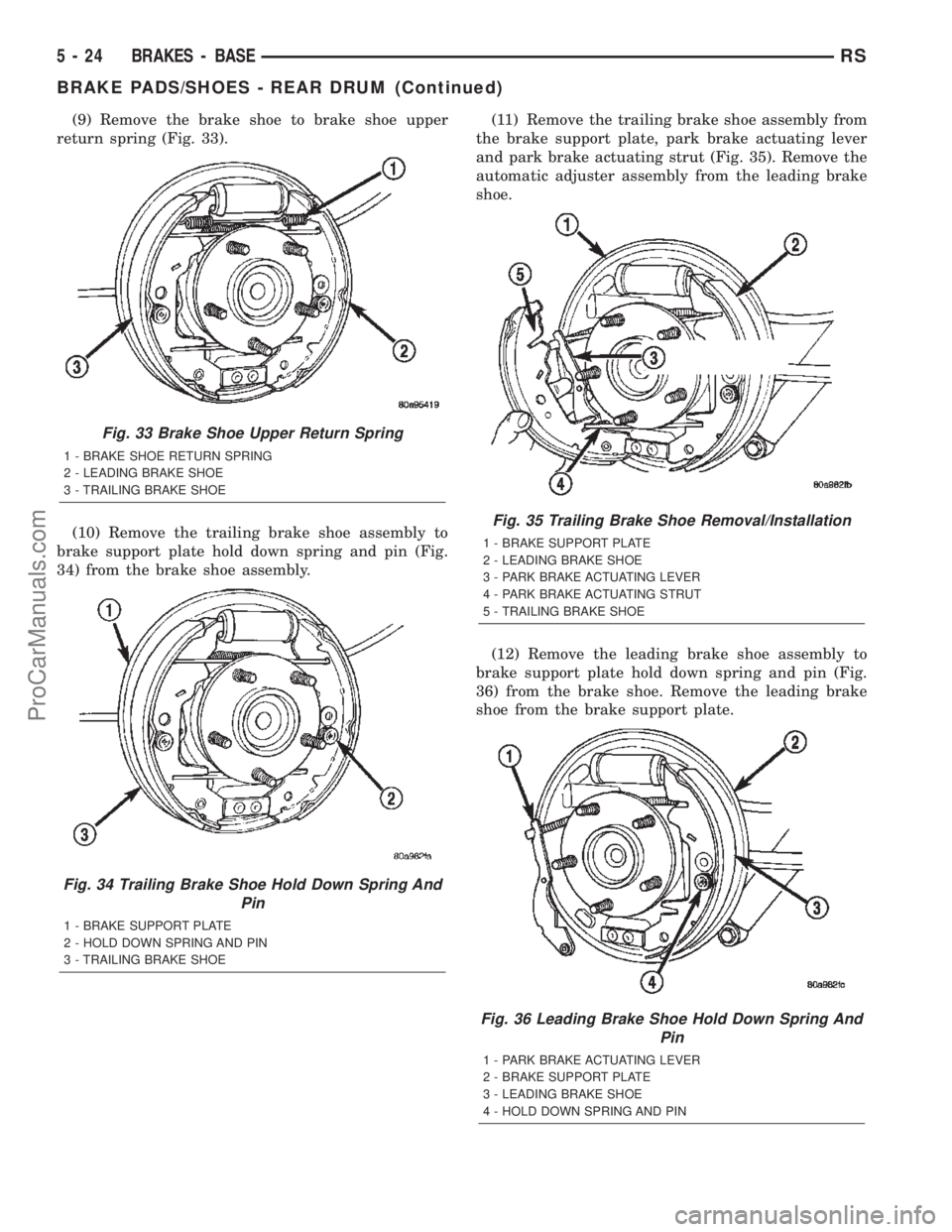DODGE TOWN AND COUNTRY 2002  Service Manual (9) Remove the brake shoe to brake shoe upper
return spring (Fig. 33).
(10) Remove the trailing brake shoe assembly to
brake support plate hold down spring and pin (Fig.
34) from the brake shoe assemb