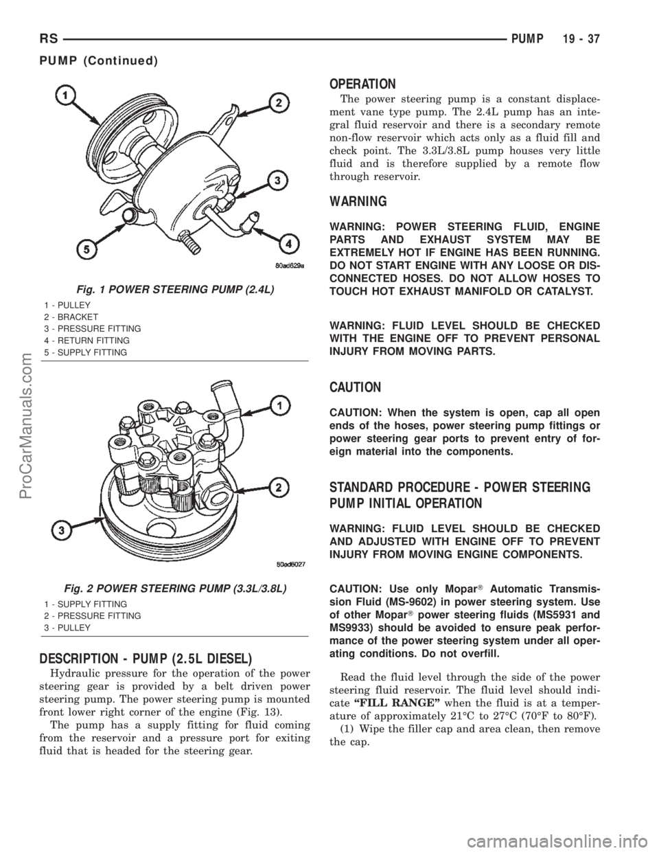 DODGE TOWN AND COUNTRY 2002  Service Manual DESCRIPTION - PUMP (2.5L DIESEL)
Hydraulic pressure for the operation of the power
steering gear is provided by a belt driven power
steering pump. The power steering pump is mounted
front lower right 