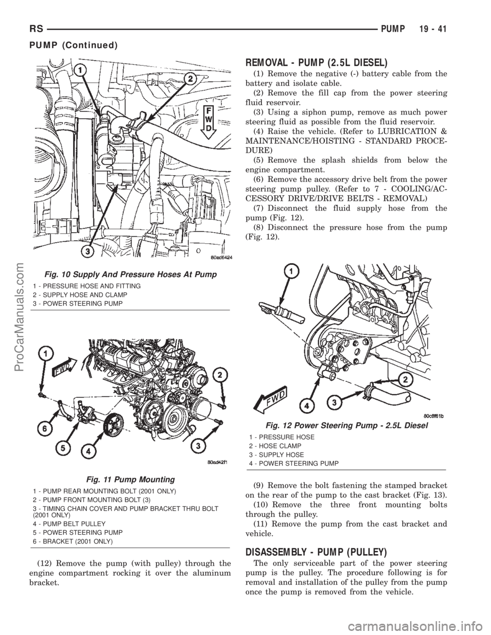 DODGE TOWN AND COUNTRY 2002  Service Manual (12) Remove the pump (with pulley) through the
engine compartment rocking it over the aluminum
bracket.
REMOVAL - PUMP (2.5L DIESEL)
(1) Remove the negative (-) battery cable from the
battery and isol