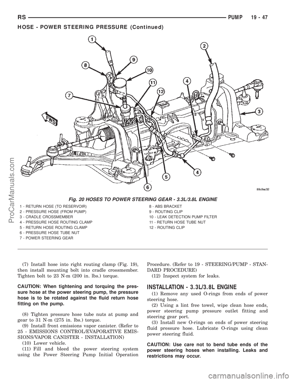 DODGE TOWN AND COUNTRY 2002  Service Manual (7) Install hose into right routing clamp (Fig. 19),
then install mounting bolt into cradle crossmember.
Tighten bolt to 23 N´m (200 in. lbs.) torque.
CAUTION: When tightening and torquing the pres-
