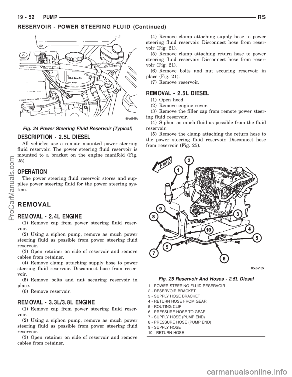 DODGE TOWN AND COUNTRY 2002  Service Manual DESCRIPTION - 2.5L DIESEL
All vehicles use a remote mounted power steering
fluid reservoir. The power steering fluid reservoir is
mounted to a bracket on the engine manifold (Fig.
25).
OPERATION
The p