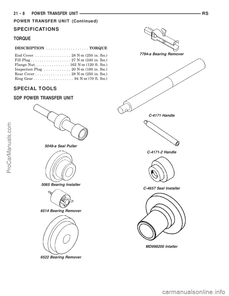 DODGE TOWN AND COUNTRY 2002  Service Manual SPECIFICATIONS
TORQUE
DESCRIPTION...................TORQUE
End Cover................ 28N´m(250 in. lbs.)
Fill Plug.................. 27N´m(240 in. lbs.)
Flange Nut............... 162N´m(120 ft. lbs