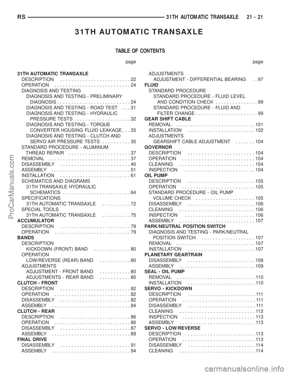 DODGE TOWN AND COUNTRY 2002  Service Manual 31TH AUTOMATIC TRANSAXLE
TABLE OF CONTENTS
page page
31TH AUTOMATIC TRANSAXLE
DESCRIPTION.........................22
OPERATION...........................24
DIAGNOSIS AND TESTING
DIAGNOSIS AND TESTING 