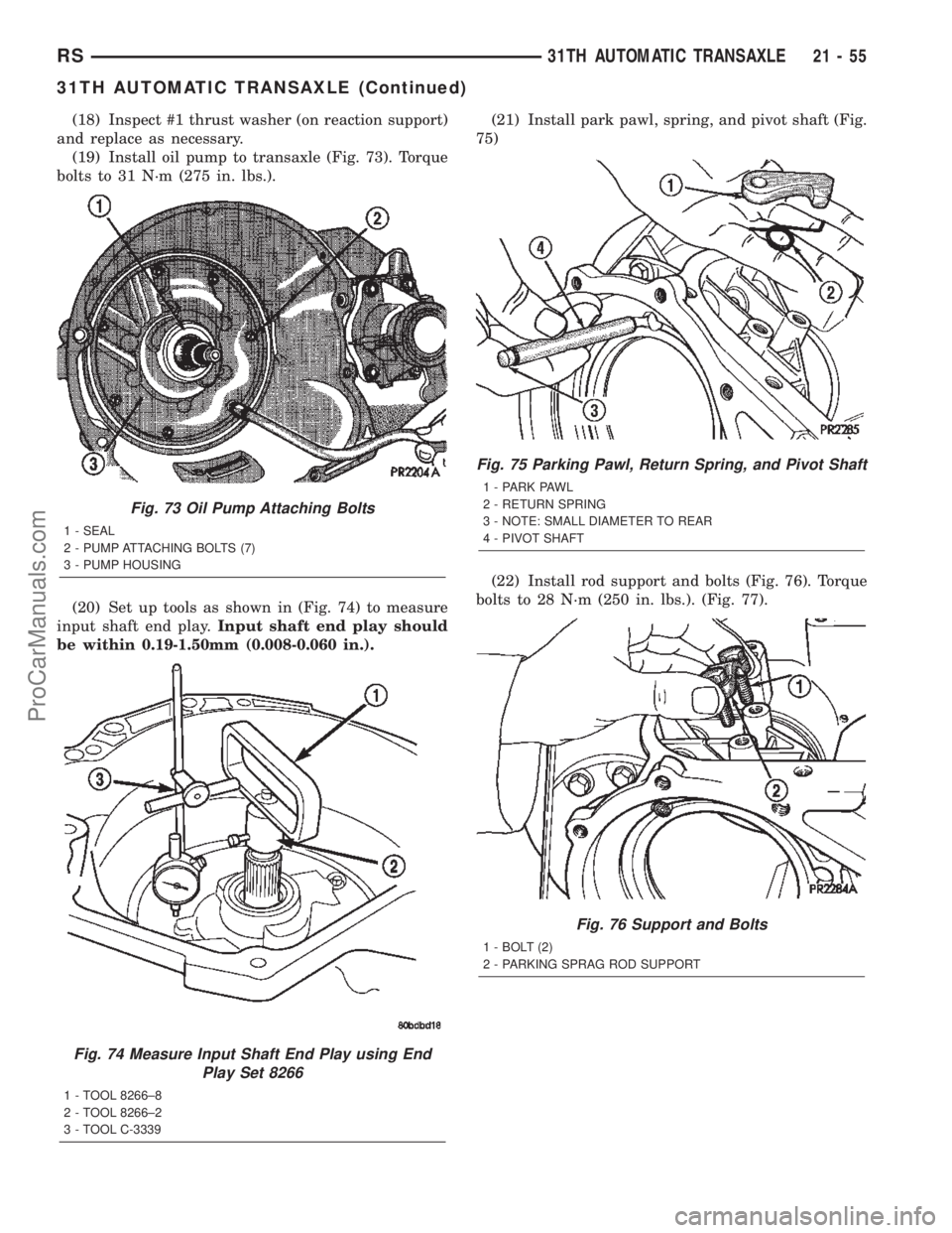 DODGE TOWN AND COUNTRY 2002  Service Manual (18) Inspect #1 thrust washer (on reaction support)
and replace as necessary.
(19) Install oil pump to transaxle (Fig. 73). Torque
bolts to 31 N´m (275 in. lbs.).
(20) Set up tools as shown in (Fig. 