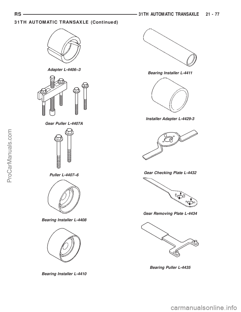 DODGE TOWN AND COUNTRY 2002  Service Manual Adapter L-4406±3
Gear Puller L-4407A
Puller L-4407±6
Bearing Installer L-4408
Bearing Installer L-4410
Bearing Installer L-4411
Installer Adapter L-4429-3
Gear Checking Plate L-4432
Gear Removing Pl