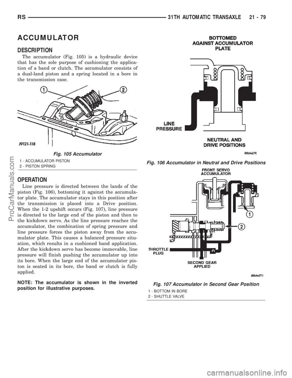DODGE TOWN AND COUNTRY 2002  Service Manual ACCUMULATOR
DESCRIPTION
The accumulator (Fig. 105) is a hydraulic device
that has the sole purpose of cushioning the applica-
tion of a band or clutch. The accumulator consists of
a dual-land piston a