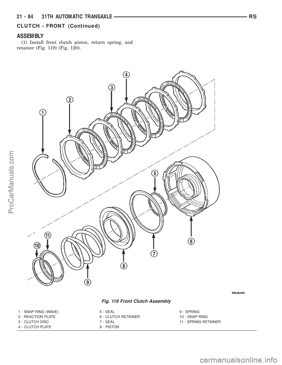 DODGE TOWN AND COUNTRY 2002  Service Manual ASSEMBLY
(1) Install front clutch piston, return spring, and
retainer (Fig. 119) (Fig. 120).
Fig. 119 Front Clutch Assembly
1 - SNAP RING (WAVE) 5 - SEAL 9 - SPRING
2 - REACTION PLATE 6 - CLUTCH RETAI