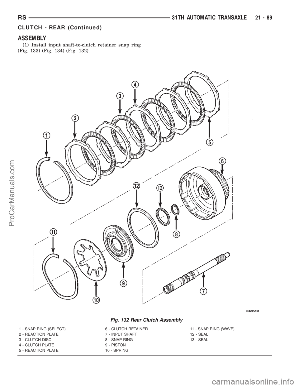 DODGE TOWN AND COUNTRY 2002  Service Manual ASSEMBLY
(1) Install input shaft-to-clutch retainer snap ring
(Fig. 133) (Fig. 134) (Fig. 132).
Fig. 132 Rear Clutch Assembly
1 - SNAP RING (SELECT) 6 - CLUTCH RETAINER 11 - SNAP RING (WAVE)
2 - REACT