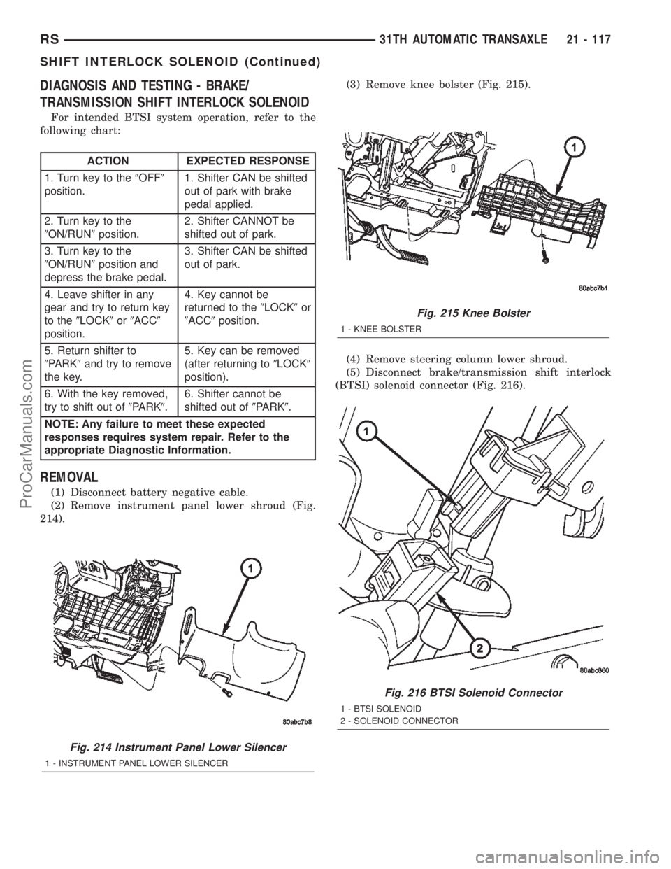 DODGE TOWN AND COUNTRY 2002  Service Manual DIAGNOSIS AND TESTING - BRAKE/
TRANSMISSION SHIFT INTERLOCK SOLENOID
For intended BTSI system operation, refer to the
following chart:
ACTION EXPECTED RESPONSE
1. Turn key to the9OFF9
position.1. Shif