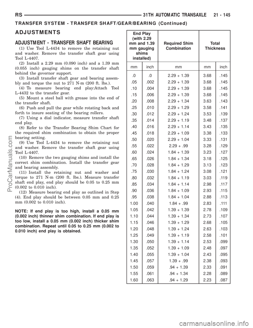 DODGE TOWN AND COUNTRY 2002  Service Manual ADJUSTMENTS
ADJUSTMENT - TRANSFER SHAFT BEARING
(1) Use Tool L-4434 to remove the retaining nut
and washer. Remove the transfer shaft gear using
Tool L-4407.
(2) Install a 2.29 mm (0.090 inch) and a 1