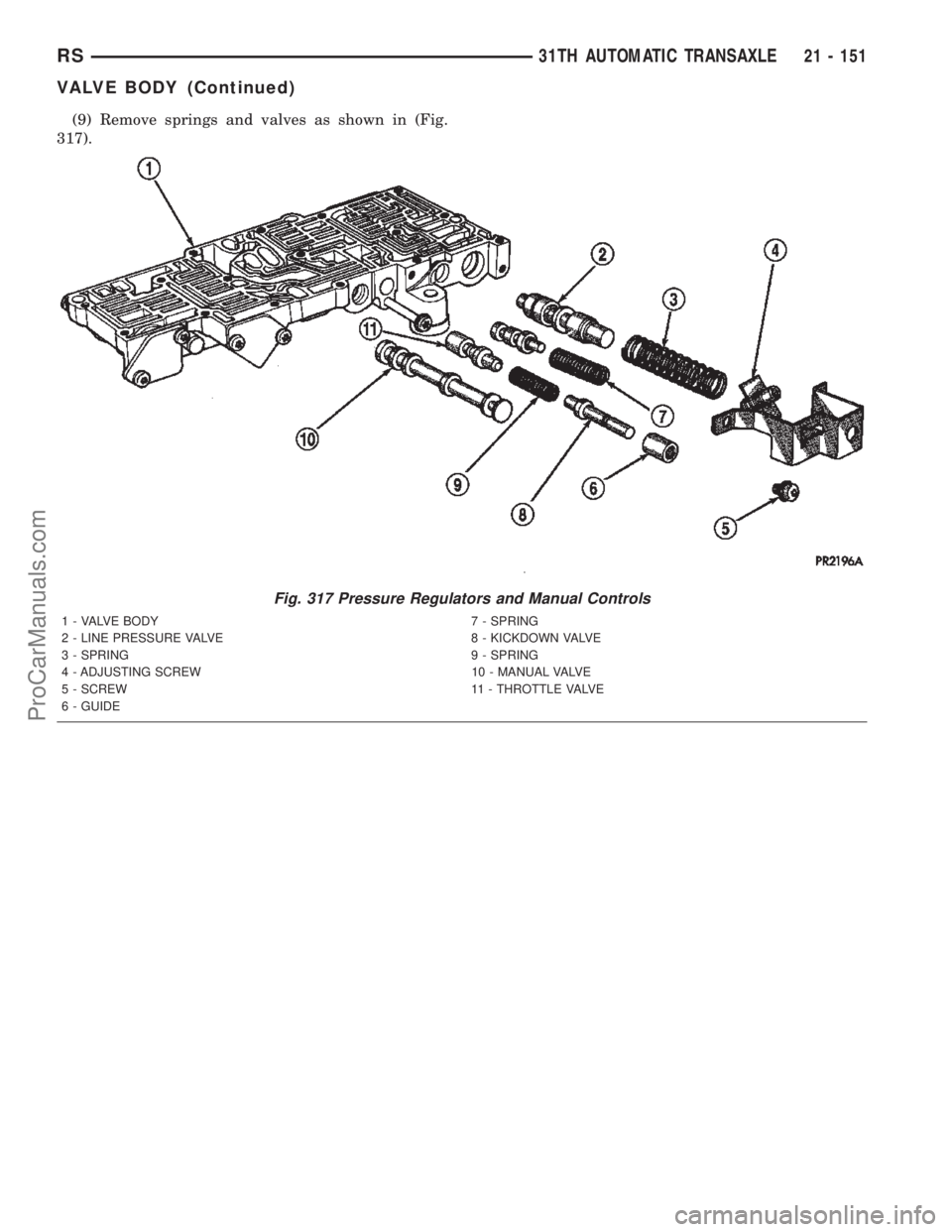 DODGE TOWN AND COUNTRY 2002  Service Manual (9) Remove springs and valves as shown in (Fig.
317).
Fig. 317 Pressure Regulators and Manual Controls
1 - VALVE BODY 7 - SPRING
2 - LINE PRESSURE VALVE 8 - KICKDOWN VALVE
3 - SPRING 9 - SPRING
4 - AD