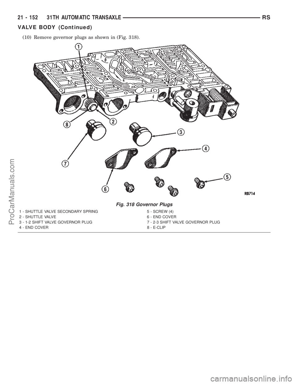 DODGE TOWN AND COUNTRY 2002  Service Manual (10) Remove governor plugs as shown in (Fig. 318).
Fig. 318 Governor Plugs
1 - SHUTTLE VALVE SECONDARY SPRING 5 - SCREW (4)
2 - SHUTTLE VALVE 6 - END COVER
3 - 1-2 SHIFT VALVE GOVERNOR PLUG 7 - 2-3 SH