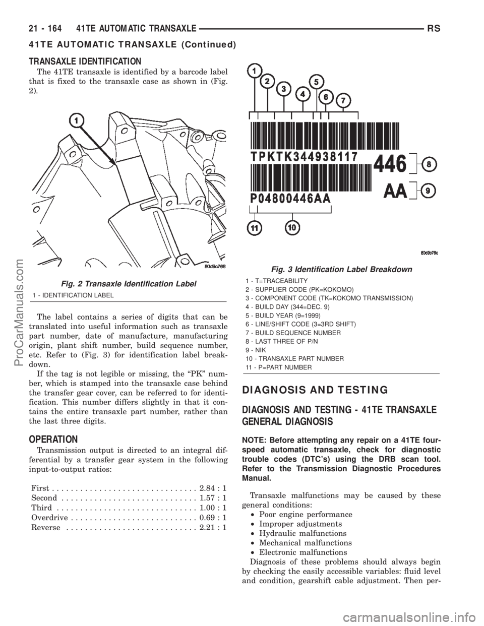 DODGE TOWN AND COUNTRY 2002  Service Manual TRANSAXLE IDENTIFICATION
The 41TE transaxle is identified by a barcode label
that is fixed to the transaxle case as shown in (Fig.
2).
The label contains a series of digits that can be
translated into