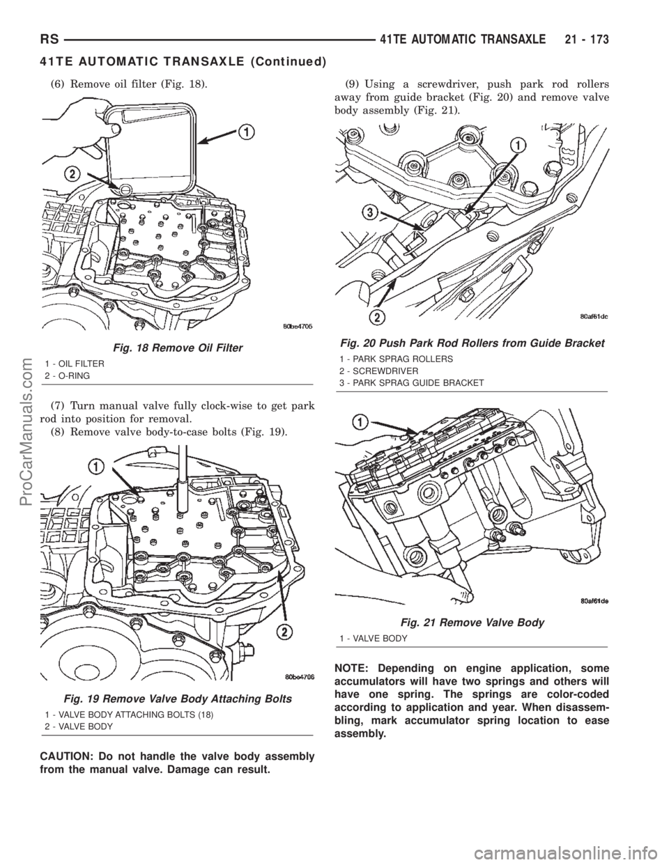 DODGE TOWN AND COUNTRY 2002  Service Manual (6) Remove oil filter (Fig. 18).
(7) Turn manual valve fully clock-wise to get park
rod into position for removal.
(8) Remove valve body-to-case bolts (Fig. 19).
CAUTION: Do not handle the valve body 