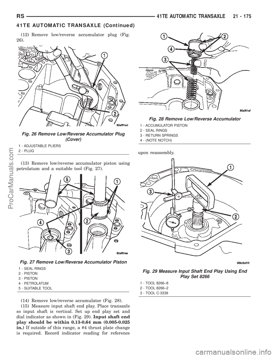 DODGE TOWN AND COUNTRY 2002  Service Manual (12) Remove low/reverse accumulator plug (Fig.
26).
(13) Remove low/reverse accumulator piston using
petrolatum and a suitable tool (Fig. 27).
(14) Remove low/reverse accumulator (Fig. 28).
(15) Measu