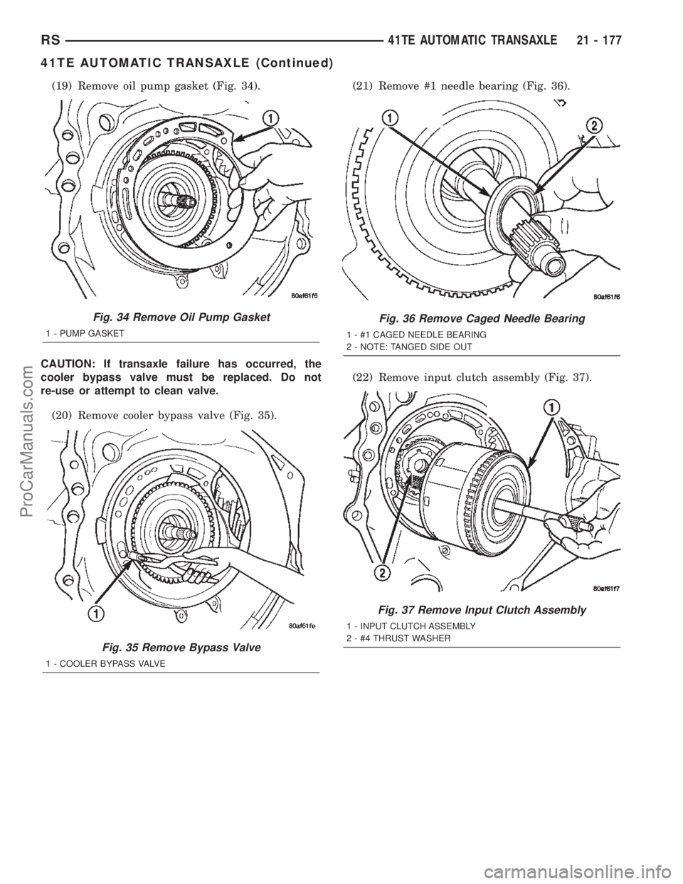 DODGE TOWN AND COUNTRY 2002  Service Manual (19) Remove oil pump gasket (Fig. 34).
CAUTION: If transaxle failure has occurred, the
cooler bypass valve must be replaced. Do not
re-use or attempt to clean valve.
(20) Remove cooler bypass valve (F