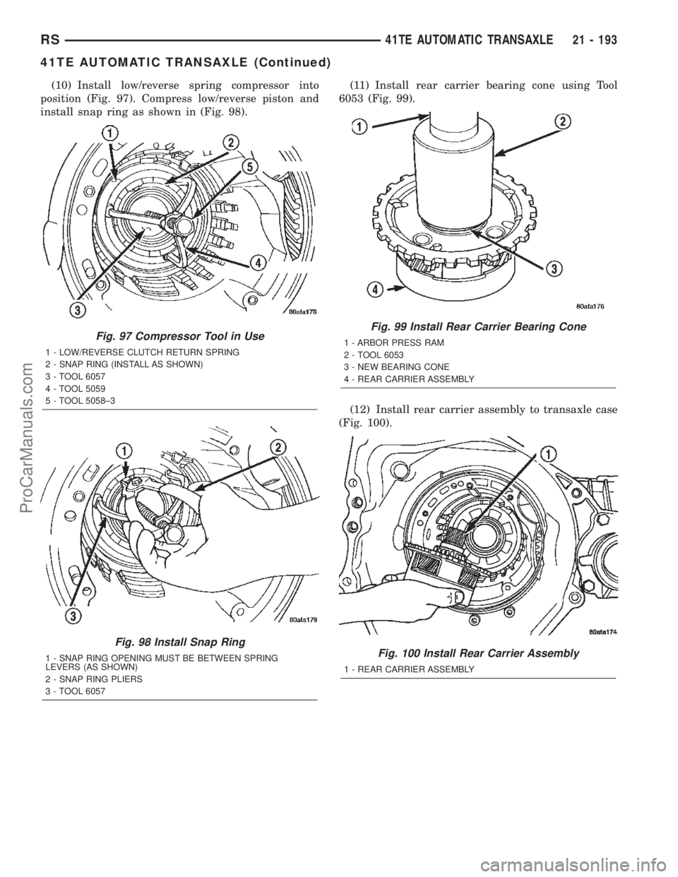 DODGE TOWN AND COUNTRY 2002  Service Manual (10) Install low/reverse spring compressor into
position (Fig. 97). Compress low/reverse piston and
install snap ring as shown in (Fig. 98).(11) Install rear carrier bearing cone using Tool
6053 (Fig.