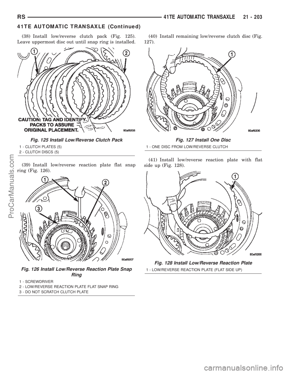 DODGE TOWN AND COUNTRY 2002  Service Manual (38) Install low/reverse clutch pack (Fig. 125).
Leave uppermost disc out until snap ring is installed.
(39) Install low/reverse reaction plate flat snap
ring (Fig. 126).(40) Install remaining low/rev