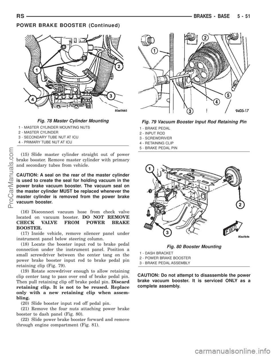 DODGE TOWN AND COUNTRY 2002  Service Manual (15) Slide master cylinder straight out of power
brake booster. Remove master cylinder with primary
and secondary tubes from vehicle.
CAUTION: A seal on the rear of the master cylinder
is used to crea