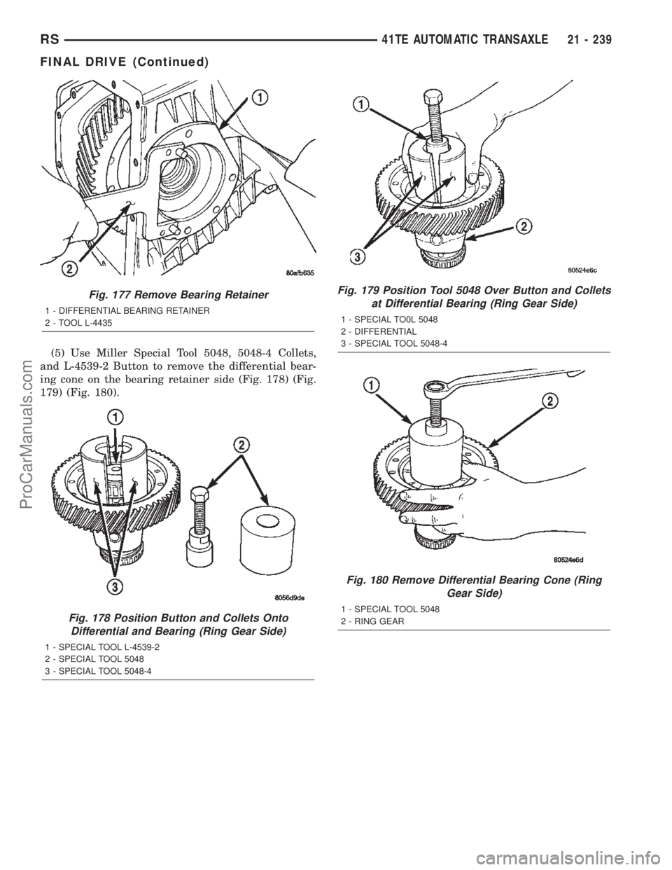 DODGE TOWN AND COUNTRY 2002  Service Manual (5) Use Miller Special Tool 5048, 5048-4 Collets,
and L-4539-2 Button to remove the differential bear-
ing cone on the bearing retainer side (Fig. 178) (Fig.
179) (Fig. 180).
Fig. 177 Remove Bearing R