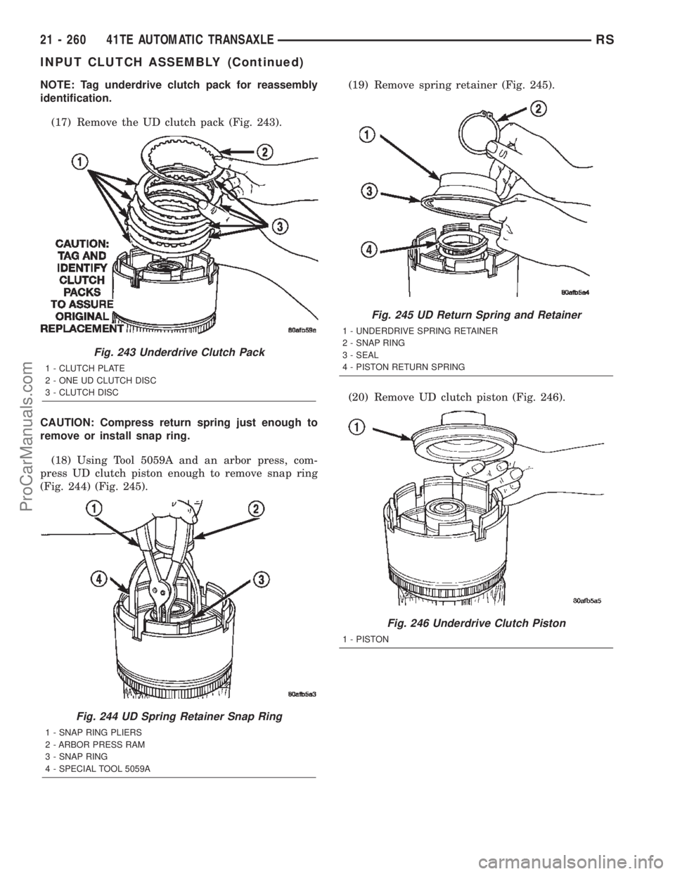 DODGE TOWN AND COUNTRY 2002  Service Manual NOTE: Tag underdrive clutch pack for reassembly
identification.
(17) Remove the UD clutch pack (Fig. 243).
CAUTION: Compress return spring just enough to
remove or install snap ring.
(18) Using Tool 5