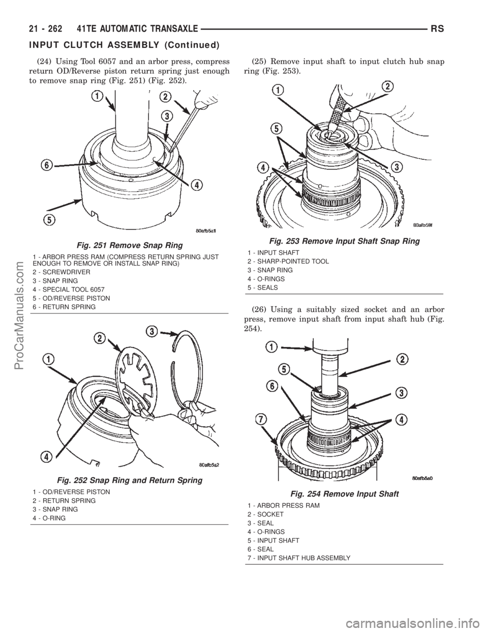 DODGE TOWN AND COUNTRY 2002  Service Manual (24) Using Tool 6057 and an arbor press, compress
return OD/Reverse piston return spring just enough
to remove snap ring (Fig. 251) (Fig. 252).(25) Remove input shaft to input clutch hub snap
ring (Fi