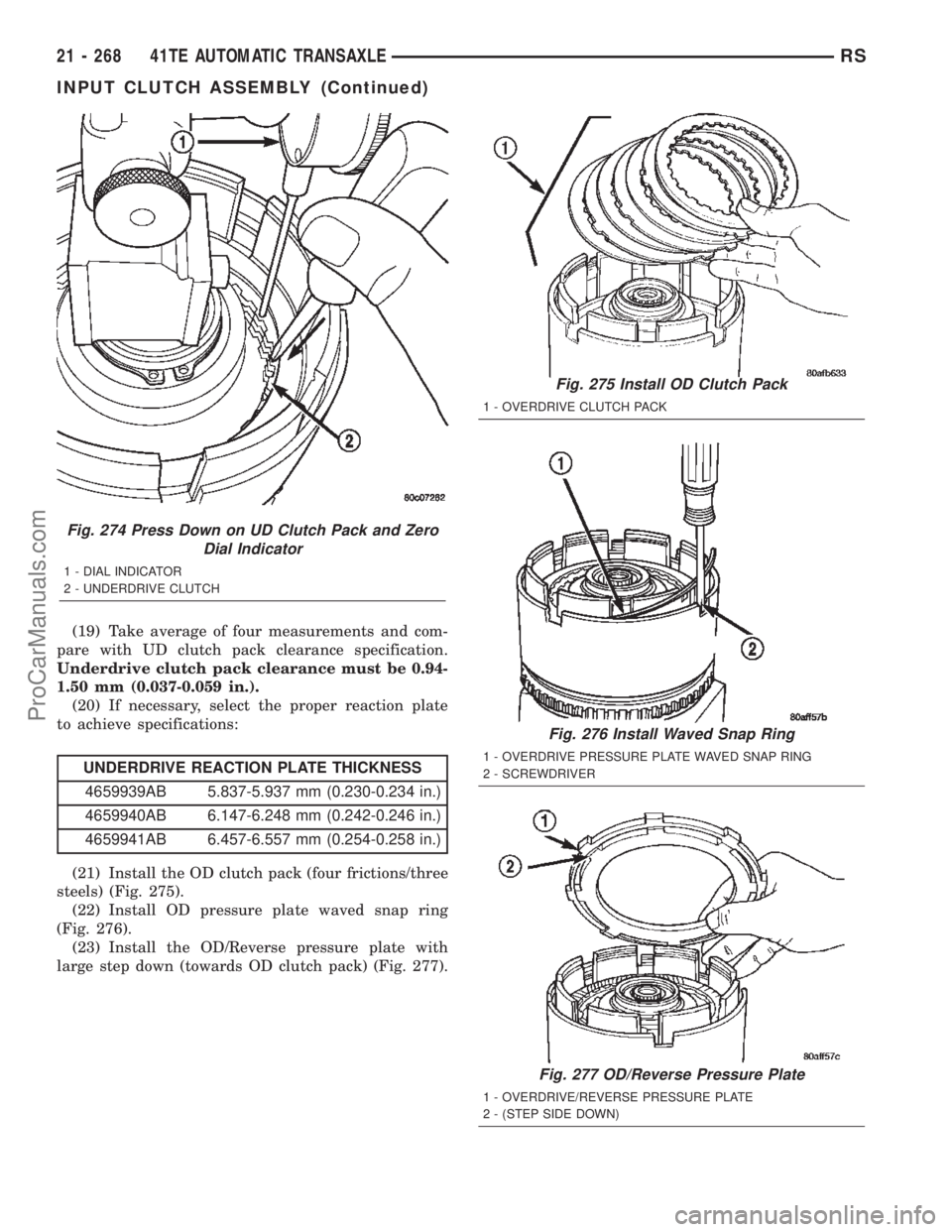 DODGE TOWN AND COUNTRY 2002  Service Manual (19) Take average of four measurements and com-
pare with UD clutch pack clearance specification.
Underdrive clutch pack clearance must be 0.94-
1.50 mm (0.037-0.059 in.).
(20) If necessary, select th